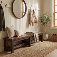 Barn Wood Bench: Some lifestyle images are created with AI for visualization purposes. Crafted from natural solid wood, each piece is unique and will vary.