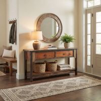 Rustic Barn Wood Sofa Table: Some lifestyle images are created with AI for visualization purposes. Crafted from natural solid wood, each piece is unique and will vary.