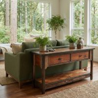 Rustic Barn Wood Sofa Table: Some lifestyle images are created with AI for visualization purposes. Crafted from natural solid wood, each piece is unique and will vary.