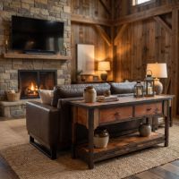 Rustic Barn Wood Sofa Table: Some lifestyle images are created with AI for visualization purposes. Crafted from natural solid wood, each piece is unique and will vary.