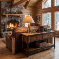 Rustic Barn Wood Sofa Table: Some lifestyle images are created with AI for visualization purposes. Crafted from natural solid wood, each piece is unique and will vary.
