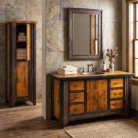 Rustic Barn Wood Vanity: Some lifestyle images are created with AI for visualization purposes. Crafted from natural solid wood, each piece is unique and will vary.