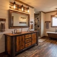 Rustic Barn Wood Vanity: Some lifestyle images are created with AI for visualization purposes. Crafted from natural solid wood, each piece is unique and will vary.