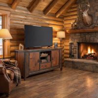 Barn Wood Media Cabinet: Some lifestyle images are created with AI for visualization purposes. Crafted from natural solid wood, each piece is unique and will vary.