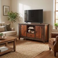 Barn Wood Media Cabinet: Some lifestyle images are created with AI for visualization purposes. Crafted from natural solid wood, each piece is unique and will vary.