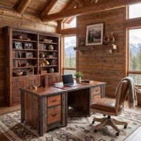 Barn Wood Desk: Some lifestyle images are created with AI for visualization purposes. Crafted from natural solid wood, each piece is unique and will vary.