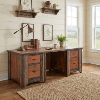 Rustic Barn Wood Desk: Some lifestyle images are created with AI for visualization purposes. Crafted from natural solid wood, each piece is unique and will vary.