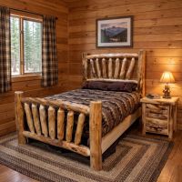 Rustic Log Nightstand: Some lifestyle images are created with AI for visualization purposes. Crafted from natural solid wood, each piece is unique and will vary.