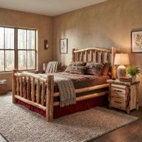 Rustic Log Nightstand: Some lifestyle images are created with AI for visualization purposes. Crafted from natural solid wood, each piece is unique and will vary.