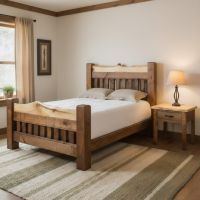 Rustic Pine Bed: Some lifestyle images are created with AI for visualization purposes. Crafted from natural solid wood, each piece is unique and will vary.