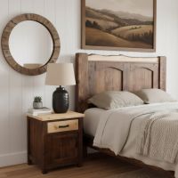 Rustic Pine Nightstand: Some lifestyle images are created with AI for visualization purposes. Crafted from natural solid wood, each piece is unique and will vary.