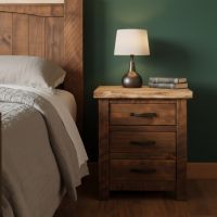 Rustic 3 Drawer Nightstand: Some lifestyle images are created with AI for visualization purposes. Crafted from natural solid wood, each piece is unique and will vary.