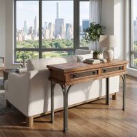 Barn Wood Sofa Table: Some lifestyle images are created with AI for visualization purposes. Crafted from natural solid wood, each piece is unique and will vary.