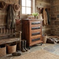 Barn Wood Chest: Some lifestyle images are created with AI for visualization purposes. Crafted from natural solid wood, each piece is unique and will vary.