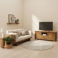 Pine Entertainment Center: Some lifestyle images are created with AI for visualization purposes. Crafted from natural solid wood, each piece is unique and will vary.