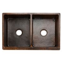 33" Apron Front Barrel Strap Oil Rubbed Bronze Hammered Copper 50/50 Double Basin Kitchen Sink