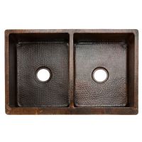 33" Apron Front Oil Rubbed Bronze Hammered Copper 50/50 Double Basin Kitchen Sink