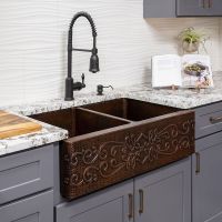 33" Apron Front Scroll Oil Rubbed Bronze Hammered Copper 50/50 Double Basin Kitchen Sink