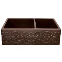 33" Apron Front Scroll Oil Rubbed Bronze Hammered Copper 60/40 Double Basin Kitchen Sink