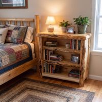 Rustic Log Bookcase: Some lifestyle images are created with AI for visualization purposes. Crafted from natural solid wood, each piece is unique and will vary.