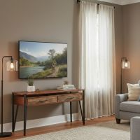 Barnwood TV Stand: Some lifestyle images are created with AI for visualization purposes. Crafted from natural solid wood, each piece is unique and will vary.