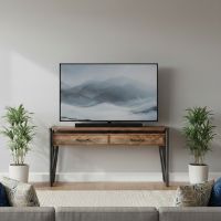 Barnwood TV Stand: Some lifestyle images are created with AI for visualization purposes. Crafted from natural solid wood, each piece is unique and will vary.
