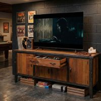 Rustic TV Stand: Some lifestyle images are created with AI for visualization purposes. Crafted from natural solid wood, each piece is unique and will vary.