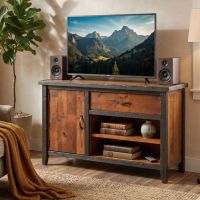 Rustic TV Stand: Some lifestyle images are created with AI for visualization purposes. Crafted from natural solid wood, each piece is unique and will vary.