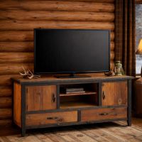 Rustic TV Stand: Some lifestyle images are created with AI for visualization purposes. Crafted from natural solid wood, each piece is unique and will vary.