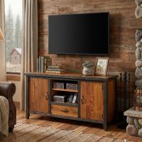 Rustic TV Stand: Some lifestyle images are created with AI for visualization purposes. Crafted from natural solid wood, each piece is unique and will vary.