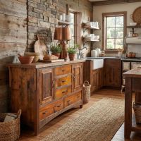 Rustic Buffet: Some lifestyle images are created with AI for visualization purposes. Crafted from natural solid wood, each piece is unique and will vary.