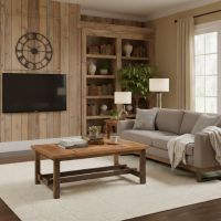 Modern Rustic Coffee Table: Some lifestyle images are created with AI for visualization purposes. Crafted from natural solid wood, each piece is unique and will vary.