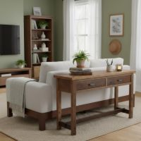Contemporary Rustic Sofa Table: Some lifestyle images are created with AI for visualization purposes. Crafted from natural solid wood, each piece is unique and will vary.