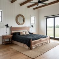 Rustic Walnut Bed: Some lifestyle images are created with AI for visualization purposes. Crafted from natural solid wood, each piece is unique and will vary.