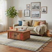 Reclaimed Wood Coffee Table: Some lifestyle images are created with AI for visualization purposes. Crafted from natural solid wood, each piece is unique and will vary.