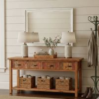 Rustic Sofa Table: Some lifestyle images are created with AI for visualization purposes. Crafted from natural solid wood, each piece is unique and will vary.