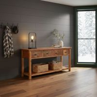 Sofa Table: Some lifestyle images are created with AI for visualization purposes. Crafted from natural solid wood, each piece is unique and will vary.