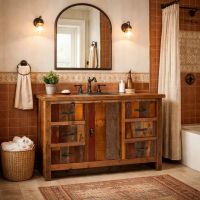 Rustic Vanity: Some lifestyle images are created with AI for visualization purposes. Crafted from natural solid wood, each piece is unique and will vary.