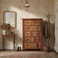 Barn Wood Chest: Some lifestyle images are created with AI for visualization purposes. Crafted from natural solid wood, each piece is unique and will vary.