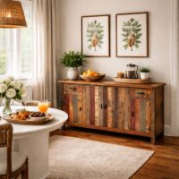 Rustic Sideboard: Some lifestyle images are created with AI for visualization purposes. Crafted from natural solid wood, each piece is unique and will vary.