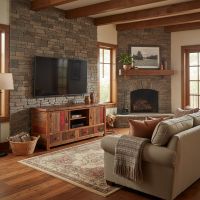 Barnwood TV Stand: Some lifestyle images are created with AI for visualization purposes. Crafted from natural solid wood, each piece is unique and will vary.