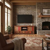 Reclaimed Wood Entertainment Center: Some lifestyle images are created with AI for visualization purposes. Crafted from natural solid wood, each piece is unique and will vary.