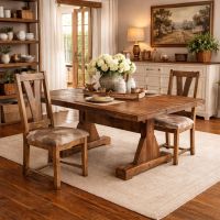 Barn Wood Dining Table: Some lifestyle images are created with AI for visualization purposes. Crafted from natural solid wood, each piece is unique and will vary.