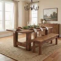 Rustic Dining Bench: Some lifestyle images are created with AI for visualization purposes. Crafted from natural solid wood, each piece is unique and will vary.