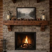 Barn Wood Mantle: Some lifestyle images are created with AI for visualization purposes. Crafted from natural solid wood, each piece is unique and will vary.