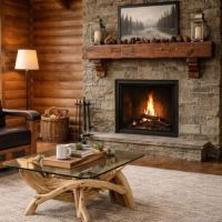 Barn Wood Mantle: Some lifestyle images are created with AI for visualization purposes. Crafted from natural solid wood, each piece is unique and will vary.