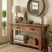 Sofa Table: Some lifestyle images are created with AI for visualization purposes. Crafted from natural solid wood, each piece is unique and will vary.