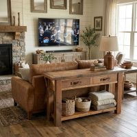 Rustic Sofa Table: Some lifestyle images are created with AI for visualization purposes. Crafted from natural solid wood, each piece is unique and will vary.