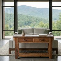 Barn Wood Sofa Table: Some lifestyle images are created with AI for visualization purposes. Crafted from natural solid wood, each piece is unique and will vary.