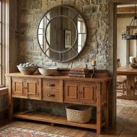 Rustic Sideboard: Some lifestyle images are created with AI for visualization purposes. Crafted from natural solid wood, each piece is unique and will vary.